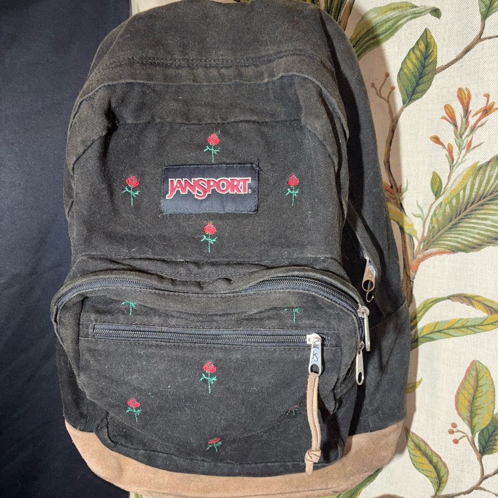 Jansport Black and Tan Backpack with Floral Design